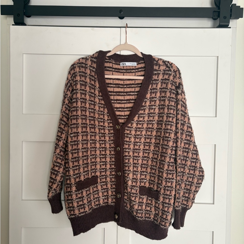 ZARA Textured Tweed Knit Cardigan Brown Pink Gold Button Size M